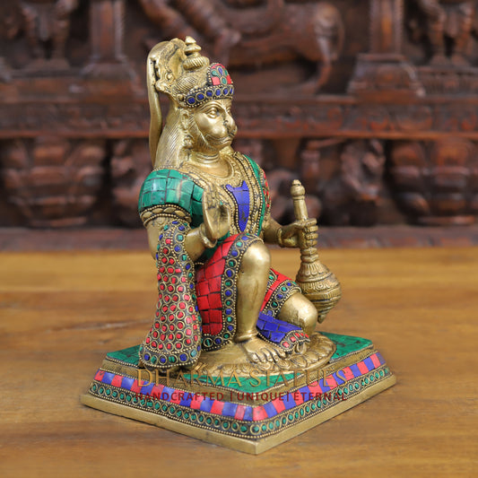 Brass Hanuman Ji in Blessing Posture, Golden & Stonework, 10"