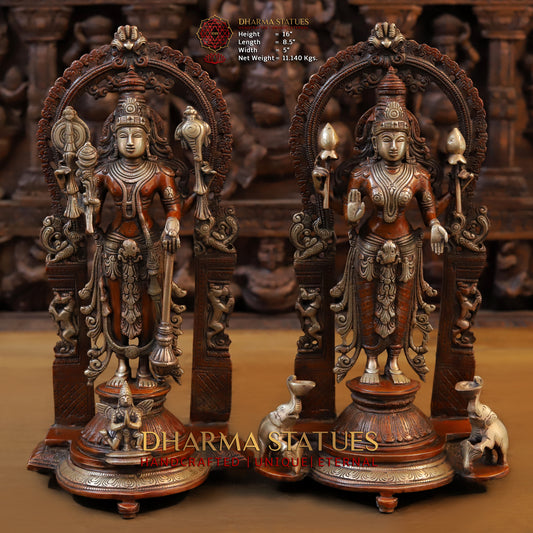 Brass Vishnu & Lakshmi Pair, Copper & Golden Finish, 16"