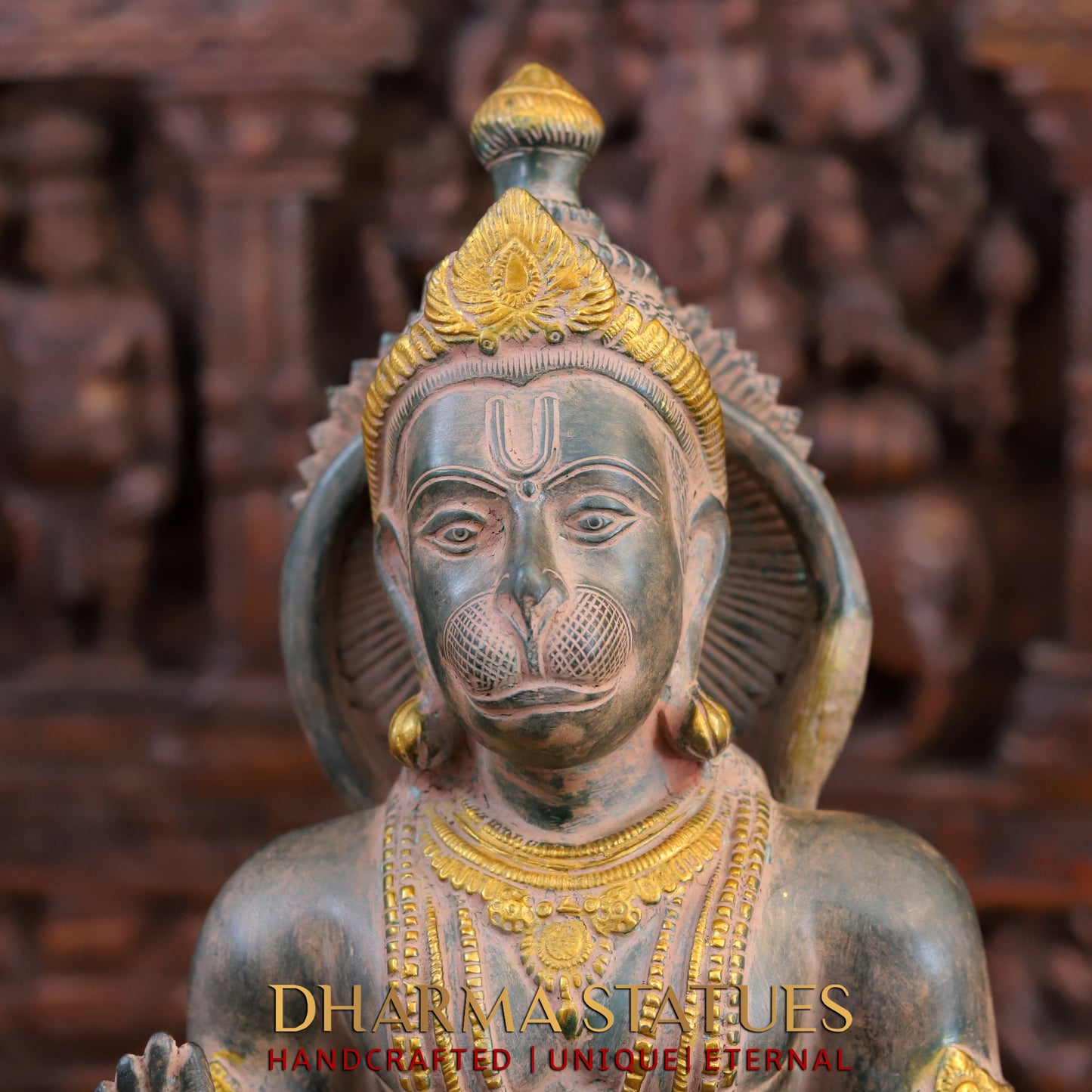 Brass Hanuman Ji seated in Blessing Posture, Light Brown Patina & Golden Finish, 17.5"