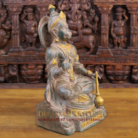 Brass Hanuman Ji seated in Blessing Posture, Light Brown Patina & Golden Finish, 17.5"