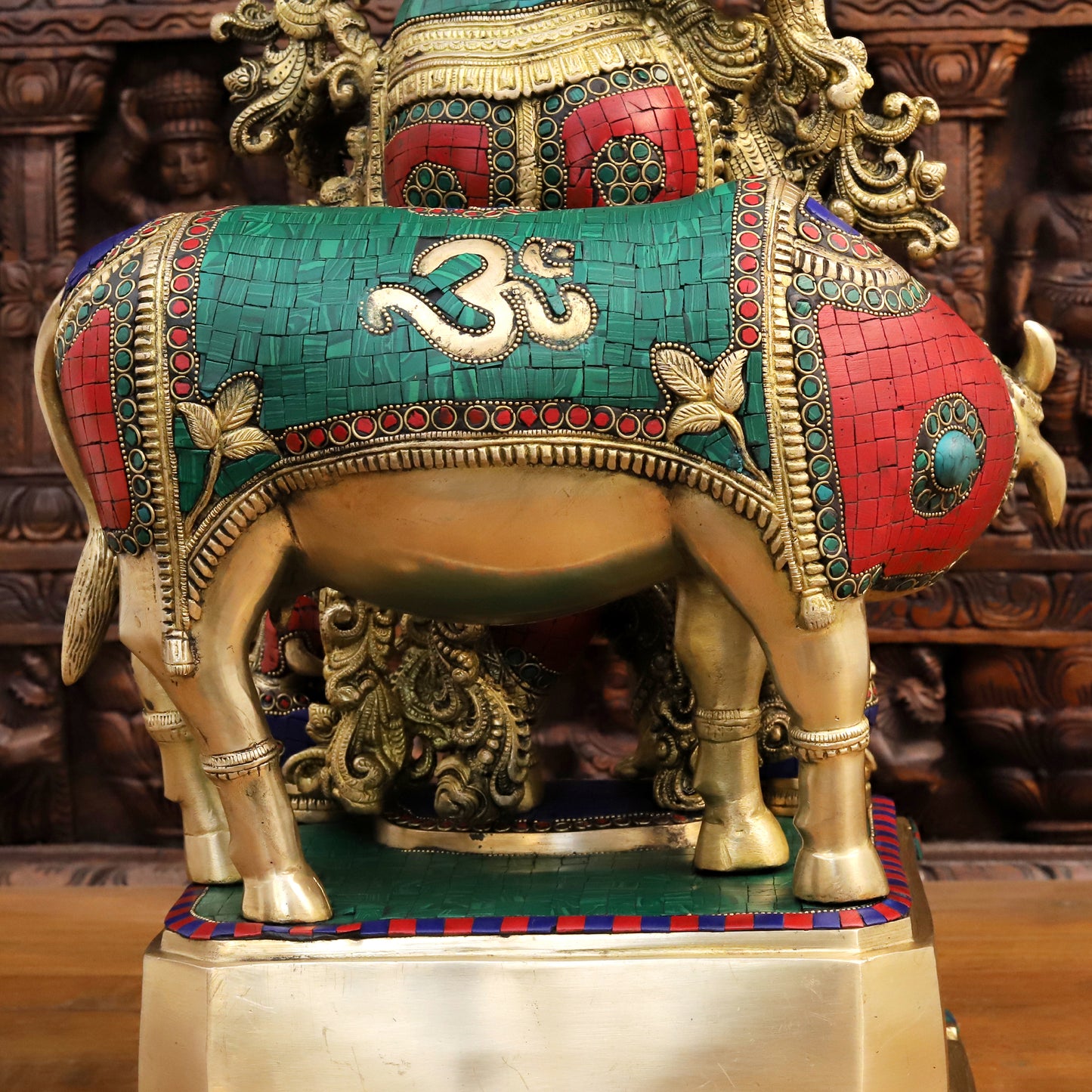 Brass Lord Krishna Idol, Krishna's Life: Melodies and Memories Golden with Stone Work 28"