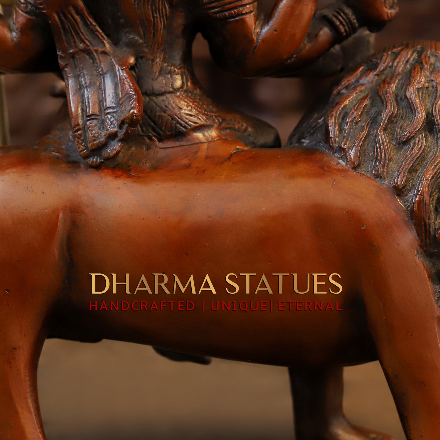 Brass Durga Idol, Sitting on a Mighty Lion, Copper & Golden Finish, 10"