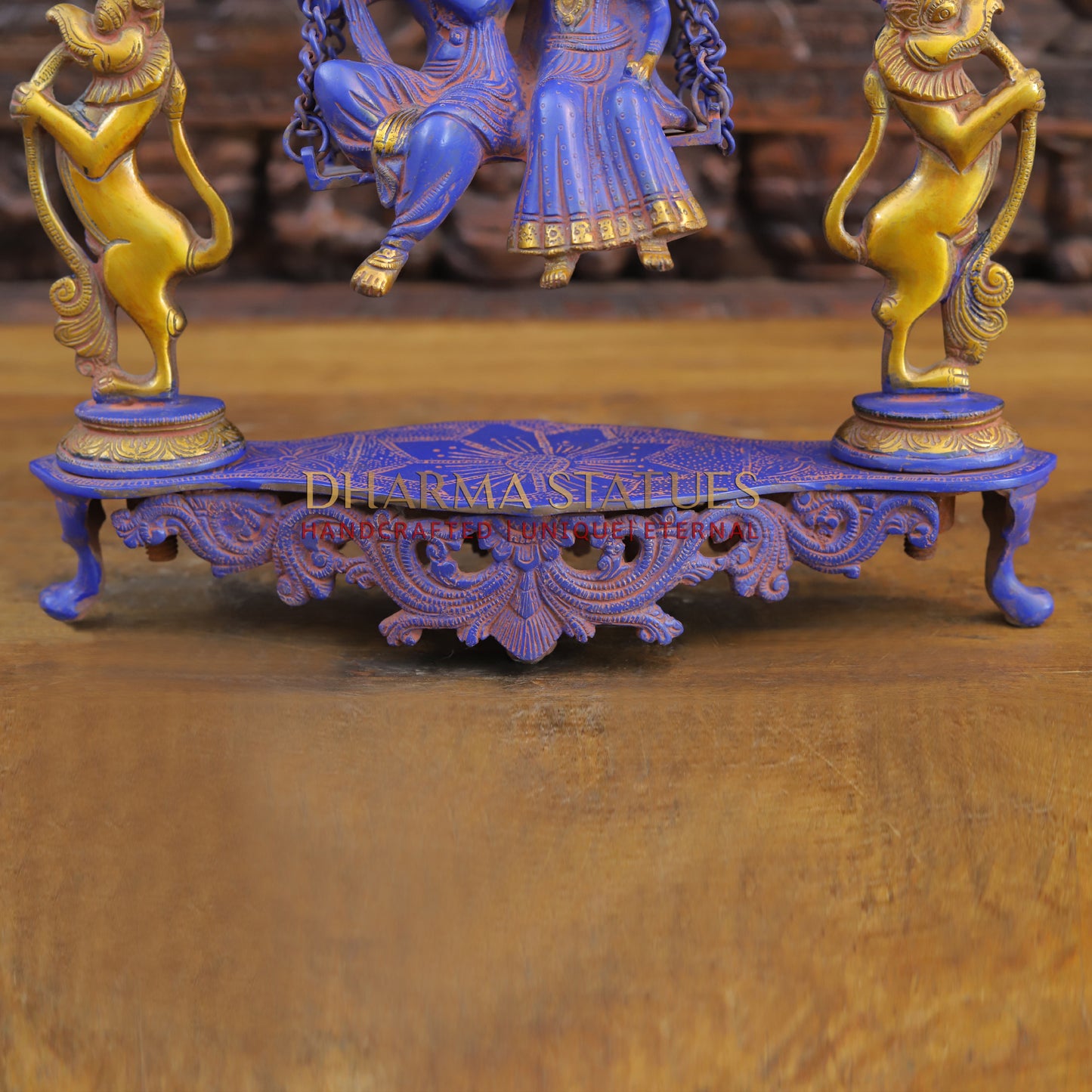 Brass Radha Krishna on Swing, Purple Patina & Gold Finish, 17.5"