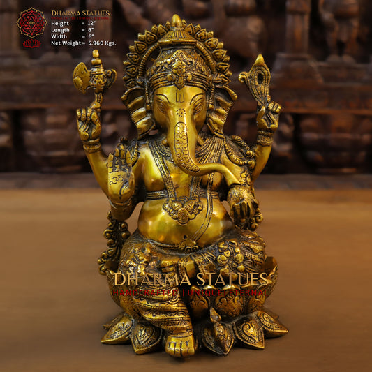 Brass Ganesh seated on Lotus in Blessing Posture, Fine Golden Finish, 12"