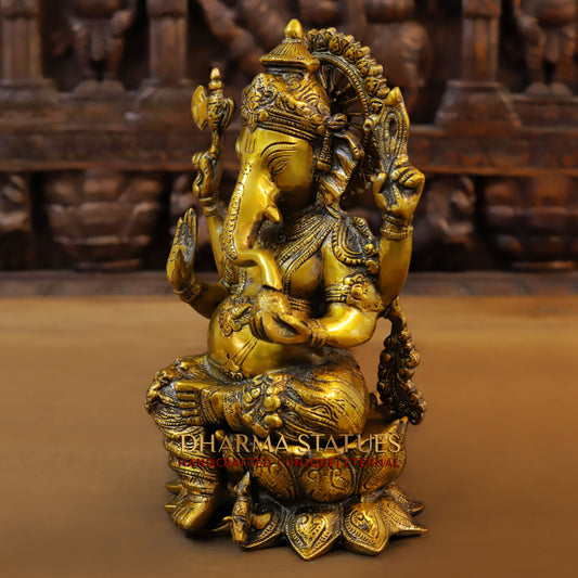 Brass Ganesh seated on Lotus in Blessing Posture, Fine Golden Finish, 12"