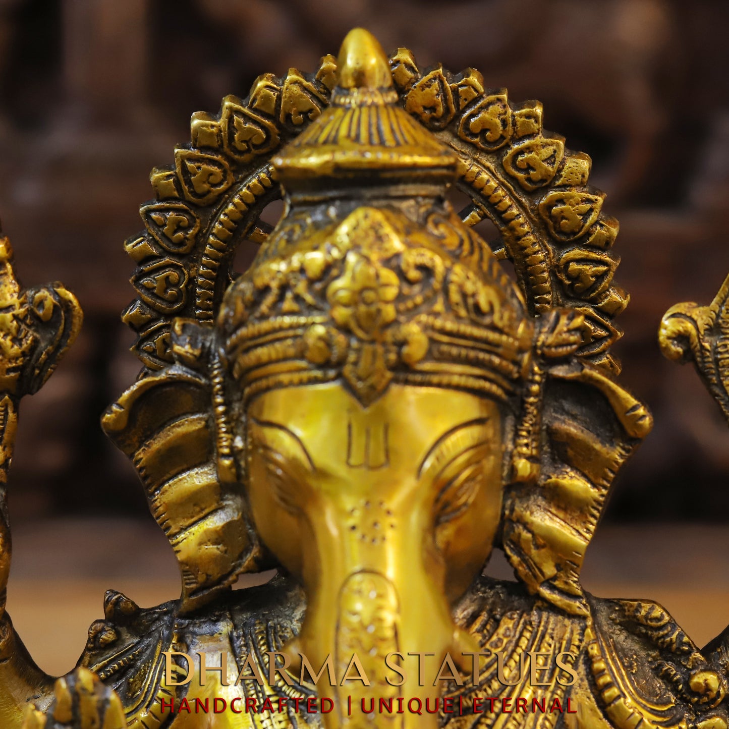 Brass Ganesh seated on Lotus in Blessing Posture, Fine Golden Finish, 12"