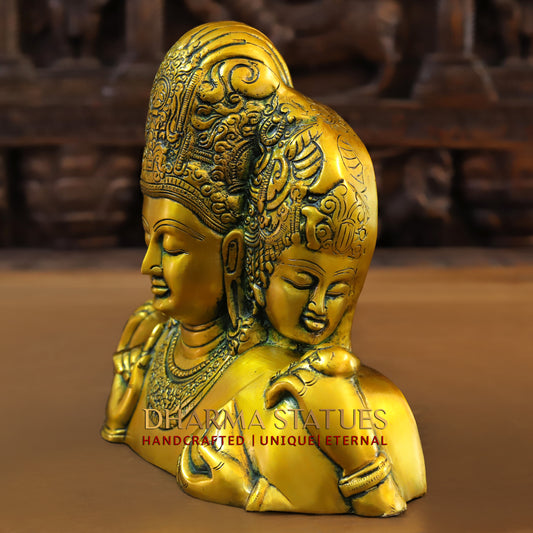 Brass Trimurti of Brahma, Vishnu & Mahesh, Green patina & Golden Finish, 9.5"