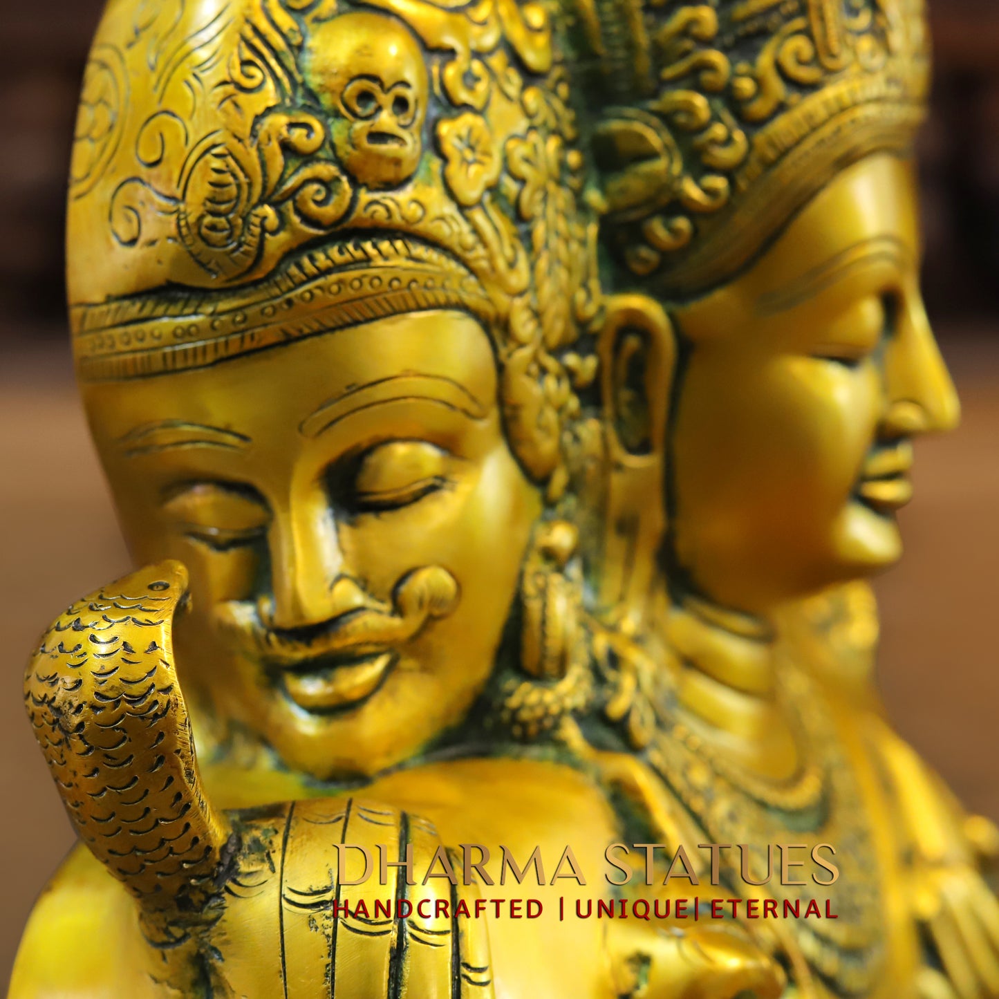 Brass Trimurti of Brahma, Vishnu & Mahesh, Green patina & Golden Finish, 9.5"