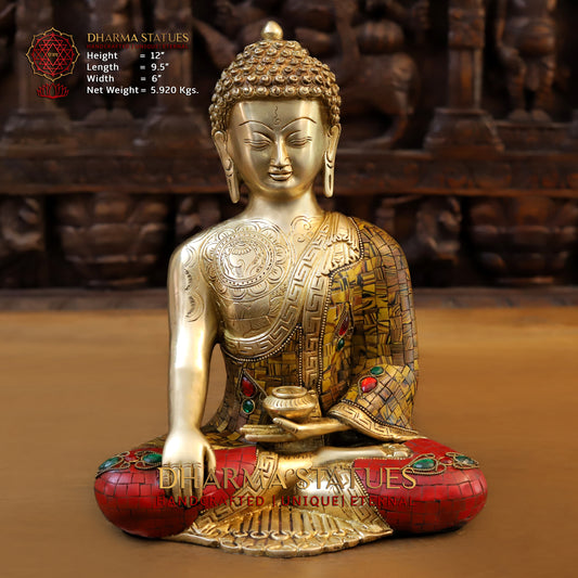 Brass Buddha seated, Bhumisparsha Mudra, Golden & Stonework, 12"