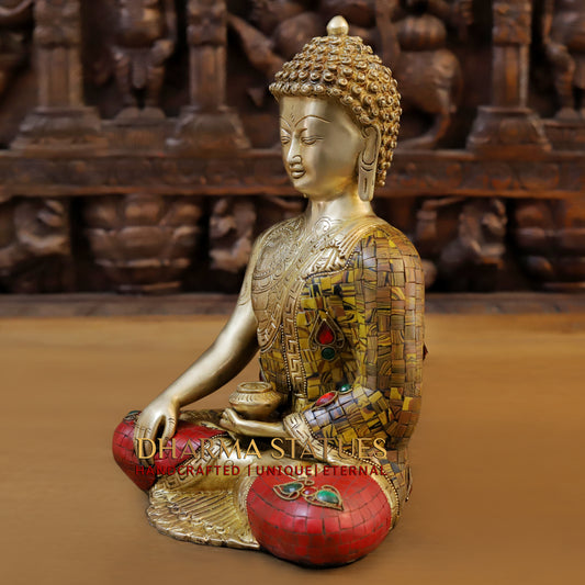 Brass Buddha seated, Bhumisparsha Mudra, Golden & Stonework, 12"