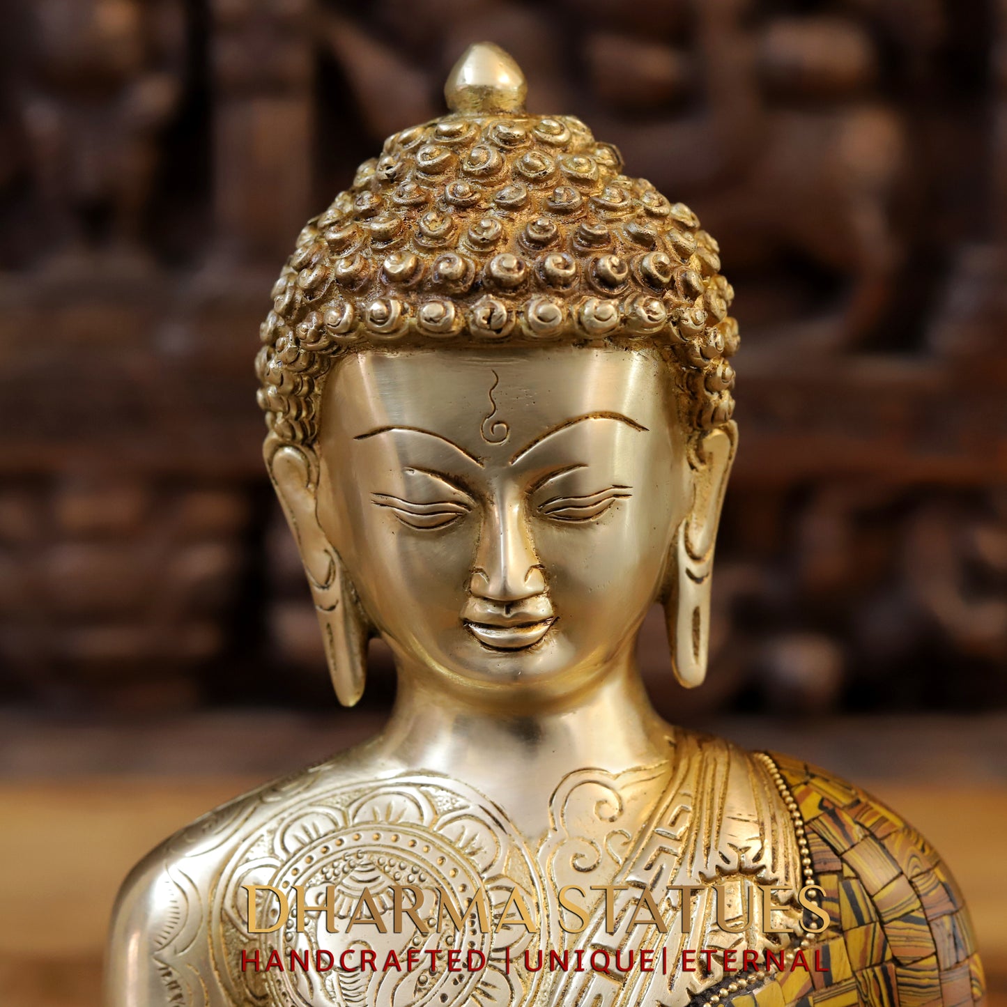 Brass Buddha seated, Bhumisparsha Mudra, Golden & Stonework, 12"