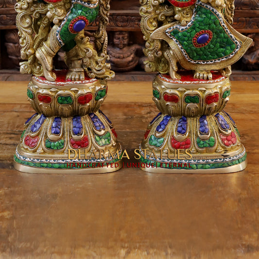 Brass Radha & Krishna Playing Flute, Golden & Stonework, 30"