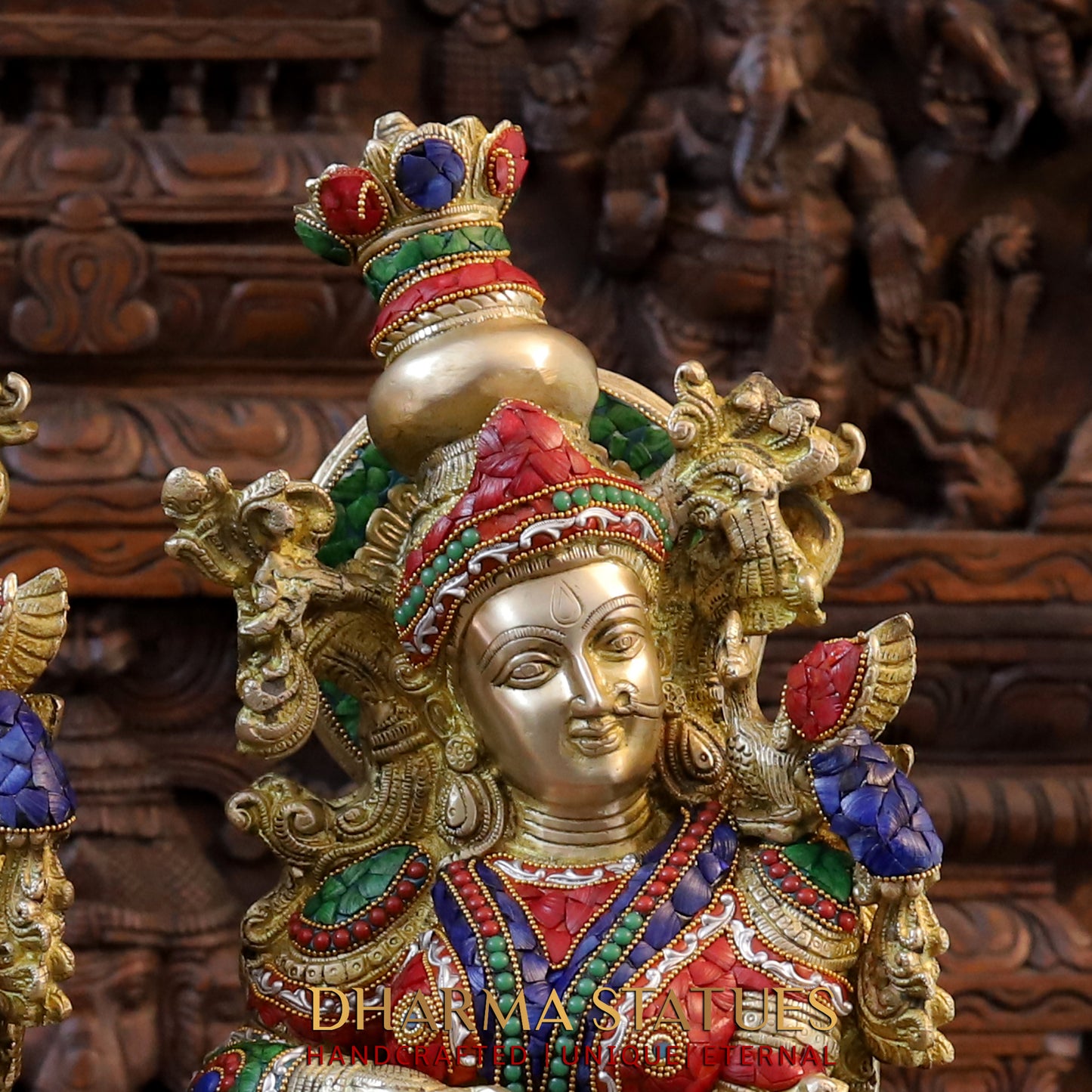 Brass Radha & Krishna Playing Flute, Golden & Stonework, 30"