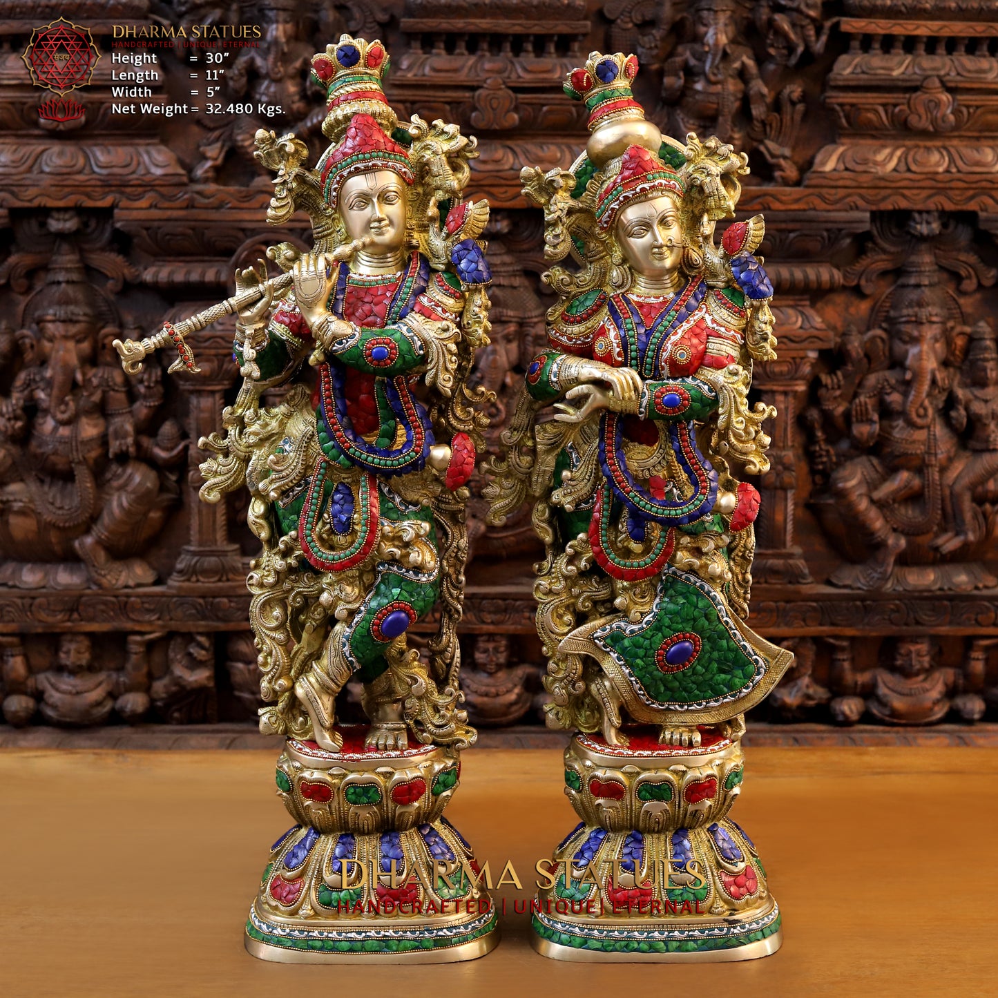 Brass Radha & Krishna Playing Flute, Golden & Stonework, 30"