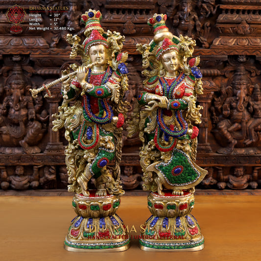 Brass Radha & Krishna Playing Flute, Golden & Stonework, 30"