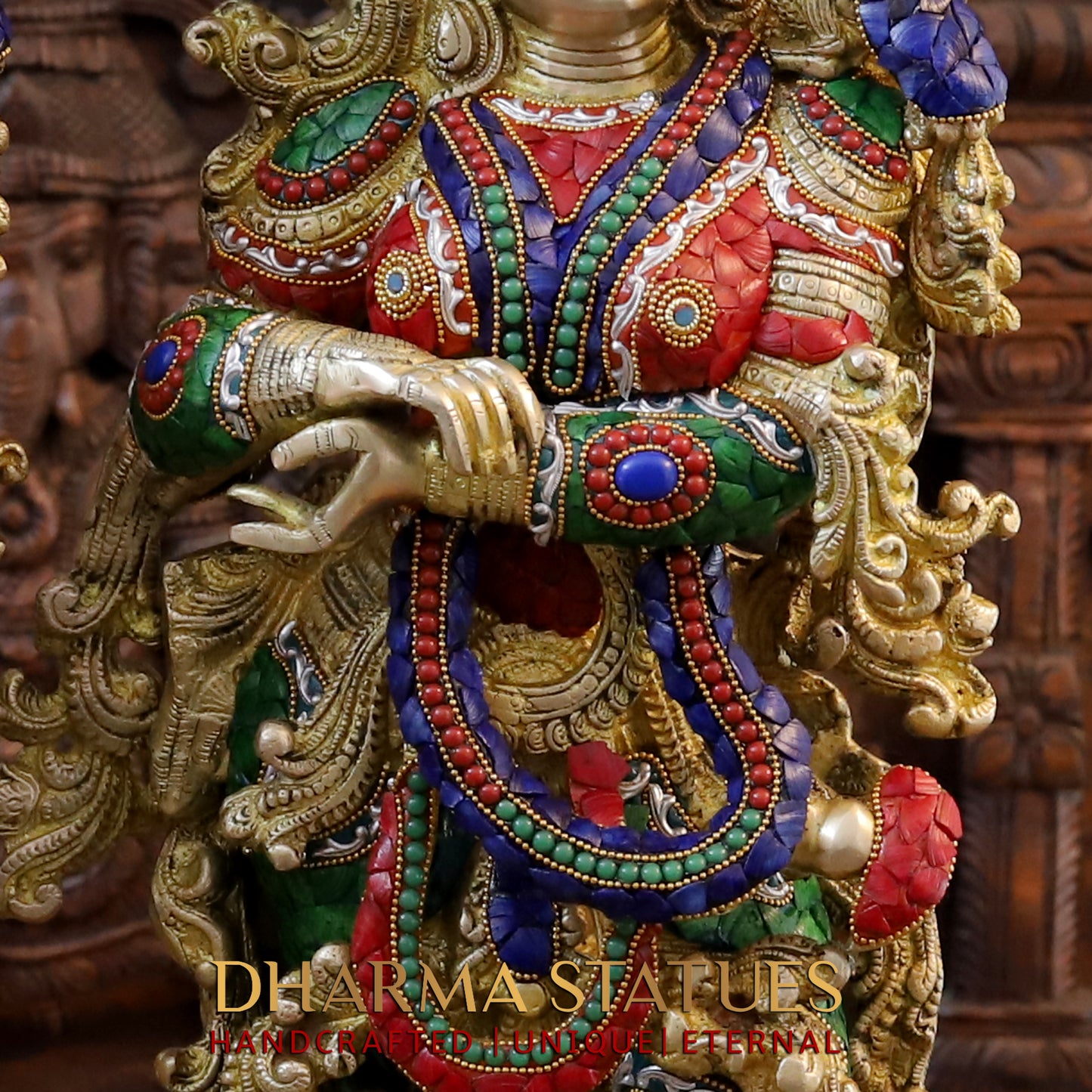 Brass Radha & Krishna Playing Flute, Golden & Stonework, 30"