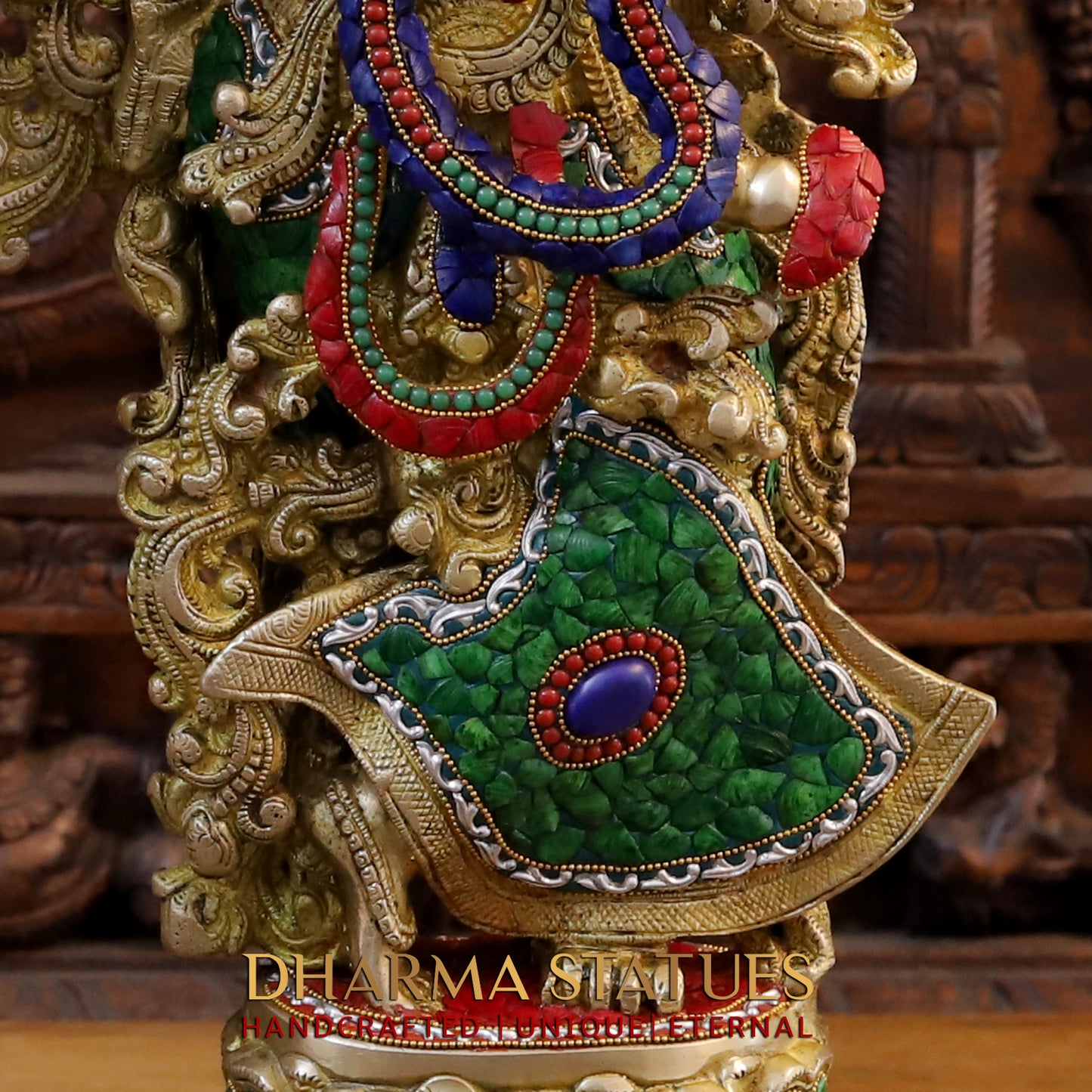 Brass Radha & Krishna Playing Flute, Golden & Stonework, 30"