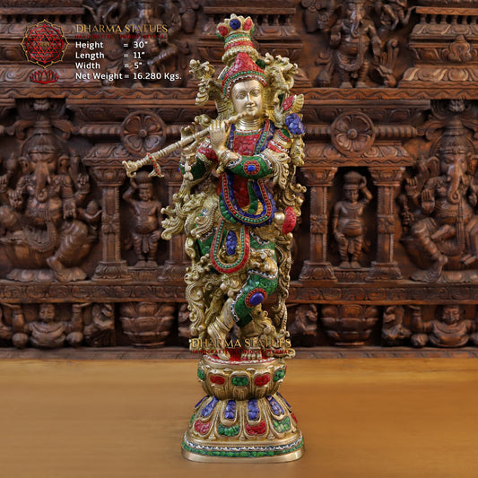 Brass Krishna Playing Flute, Stonework & Golden Finish, 30"