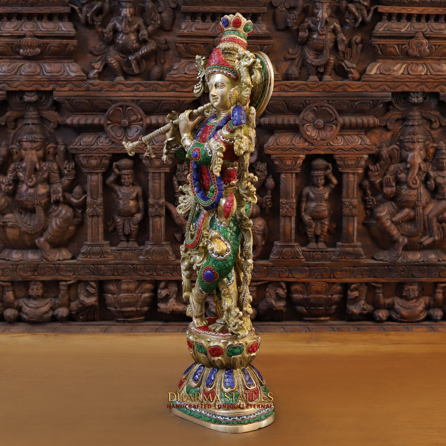 Brass Krishna Playing Flute, Stonework & Golden Finish, 30"