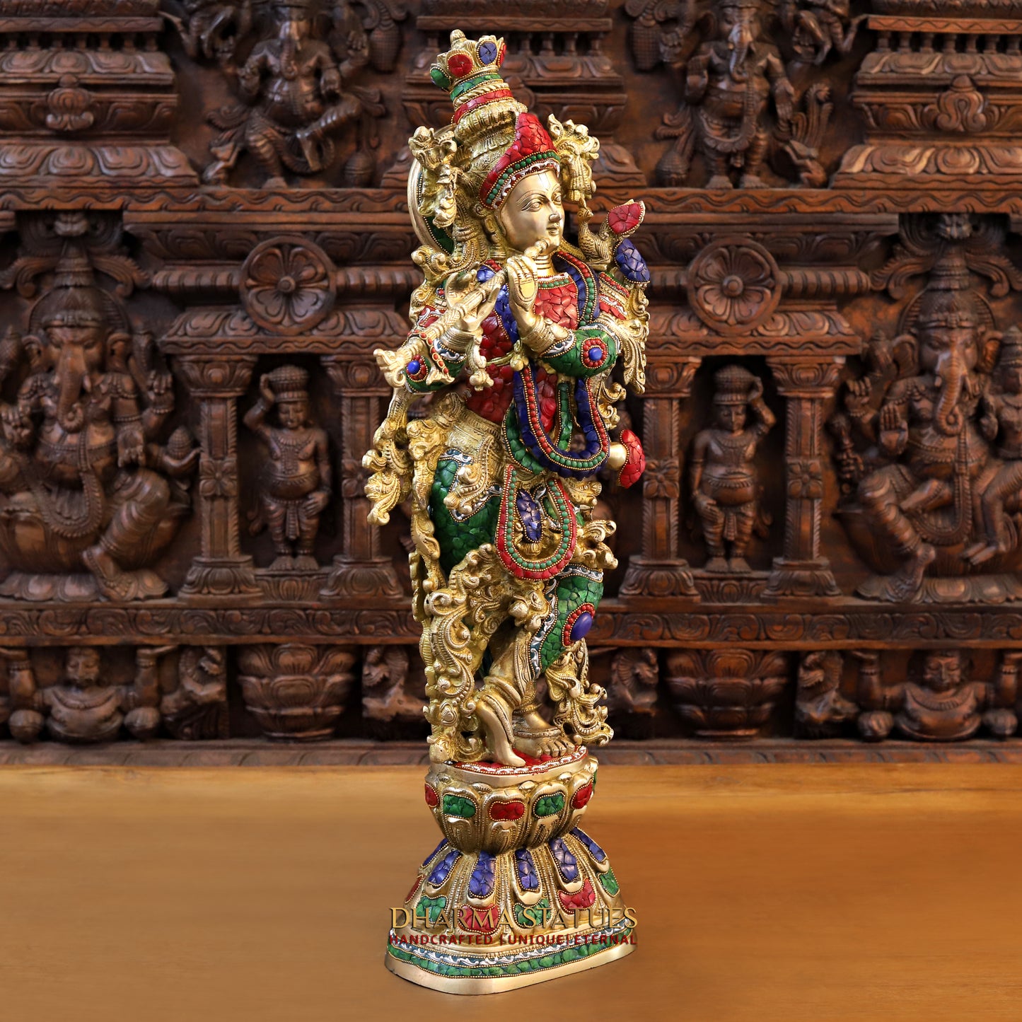 Brass Krishna Playing Flute, Stonework & Golden Finish, 30"