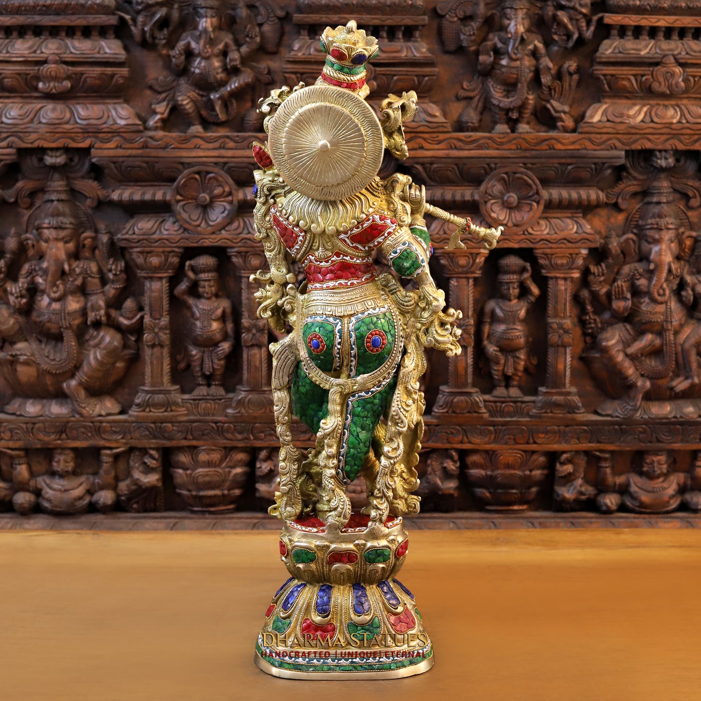 Brass Krishna Playing Flute, Stonework & Golden Finish, 30"