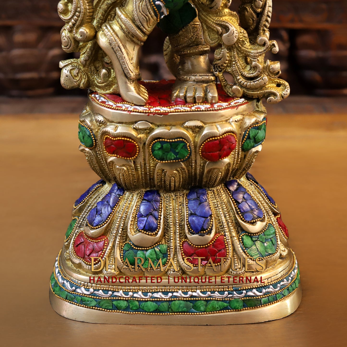 Brass Krishna Playing Flute, Stonework & Golden Finish, 30"