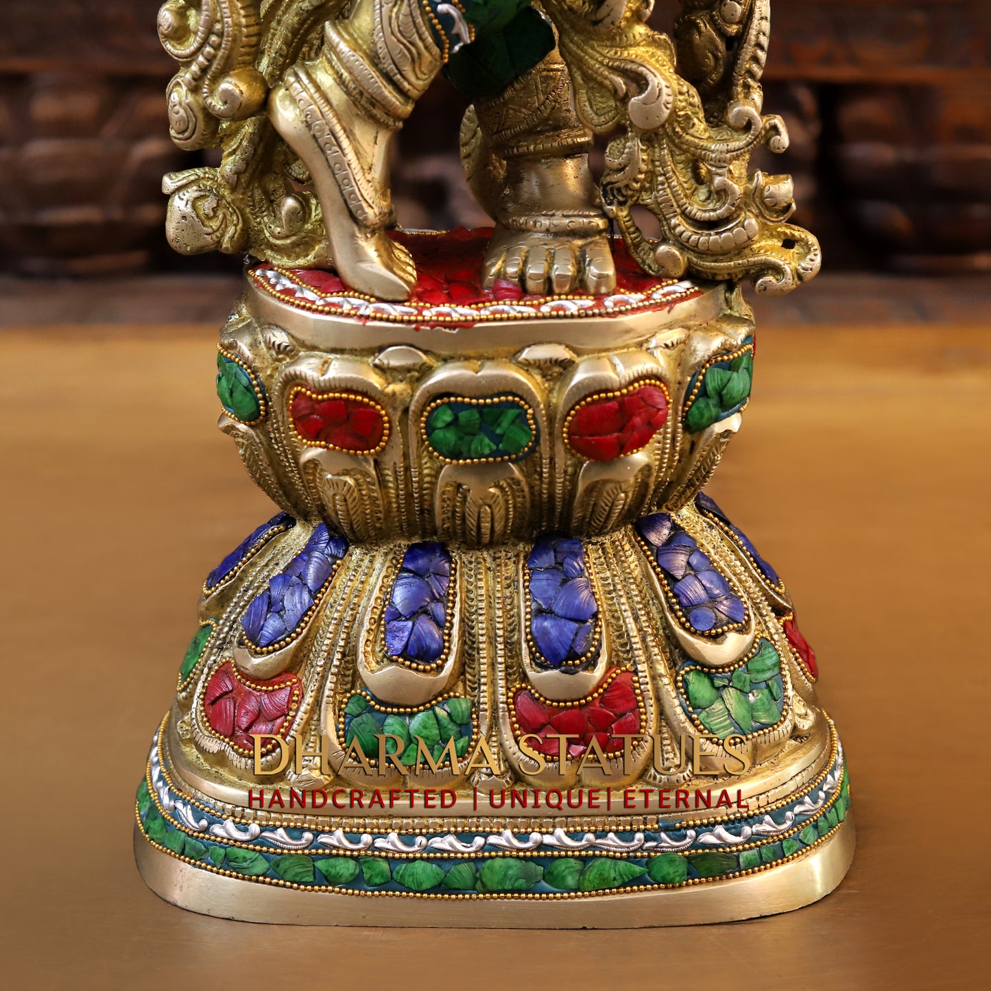 Brass Radha & Krishna Playing Flute, Golden & Stonework, 30"