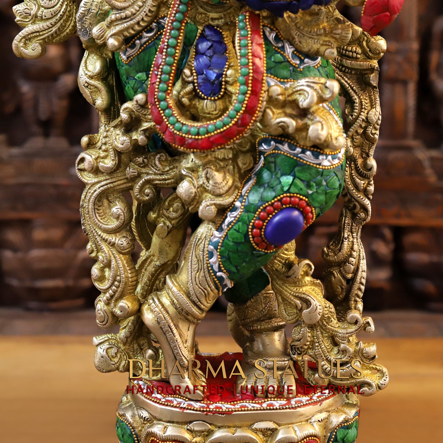 Brass Krishna Playing Flute, Stonework & Golden Finish, 30"