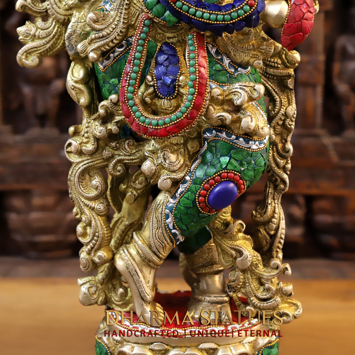 Brass Krishna Playing Flute, Stonework & Golden Finish, 30"