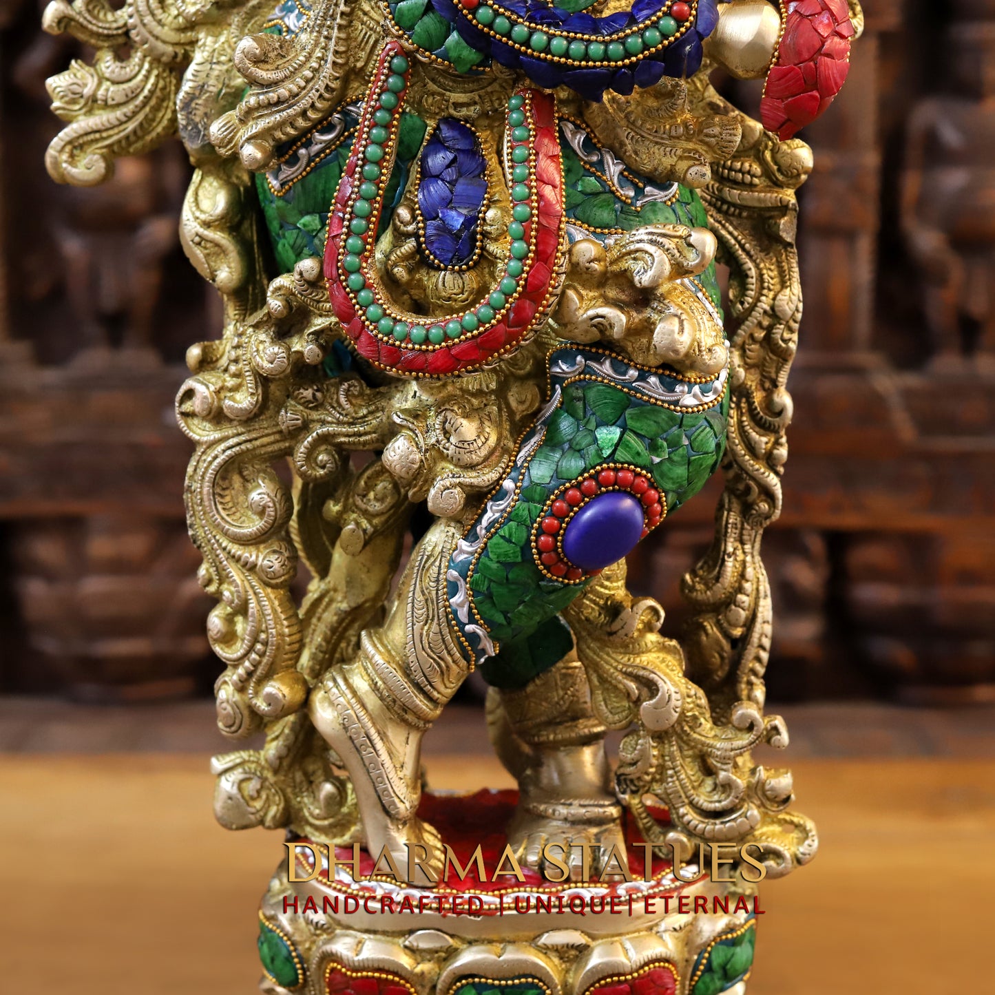 Brass Radha & Krishna Playing Flute, Golden & Stonework, 30"