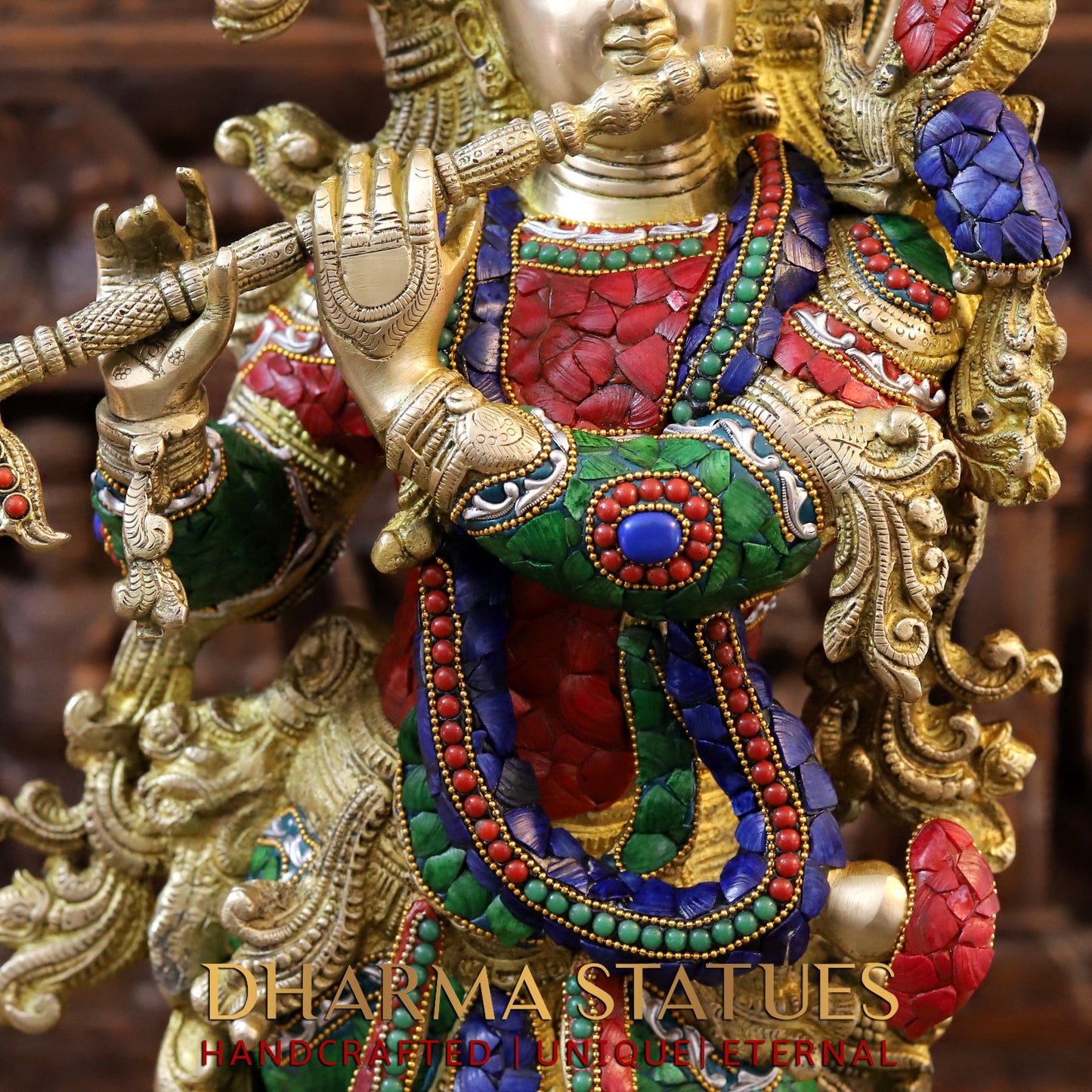 Brass Krishna Playing Flute, Stonework & Golden Finish, 30"