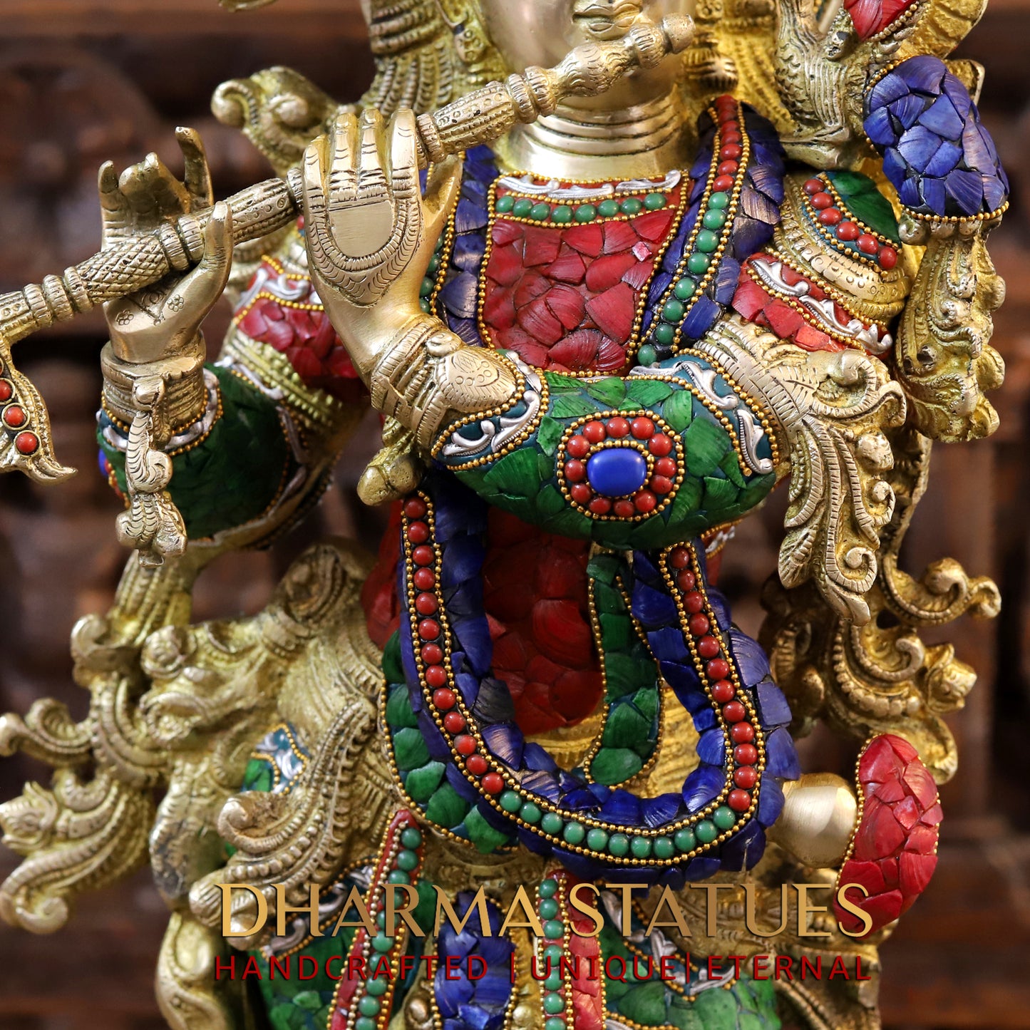 Brass Radha & Krishna Playing Flute, Golden & Stonework, 30"