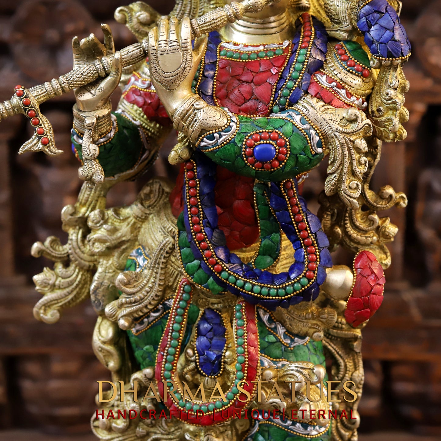 Brass Radha & Krishna Playing Flute, Golden & Stonework, 30"