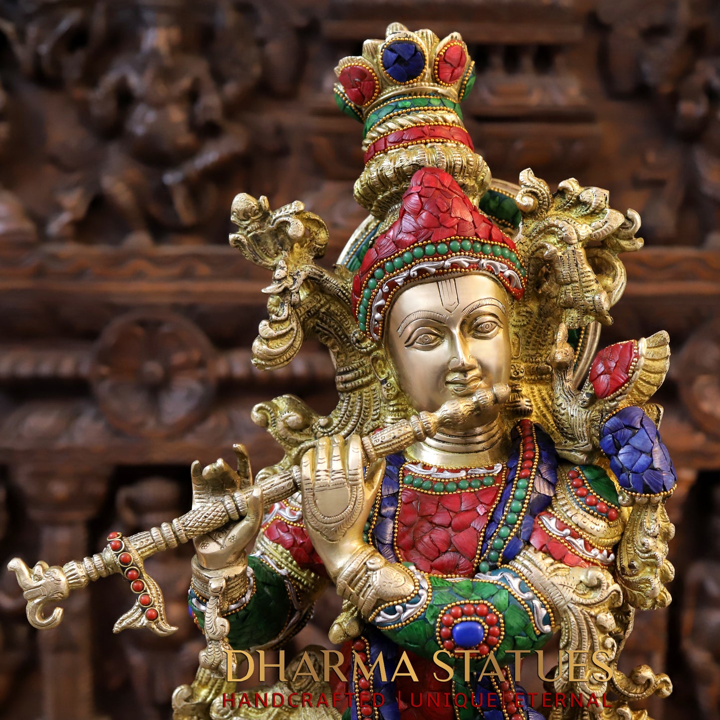 Brass Krishna Playing Flute, Stonework & Golden Finish, 30"