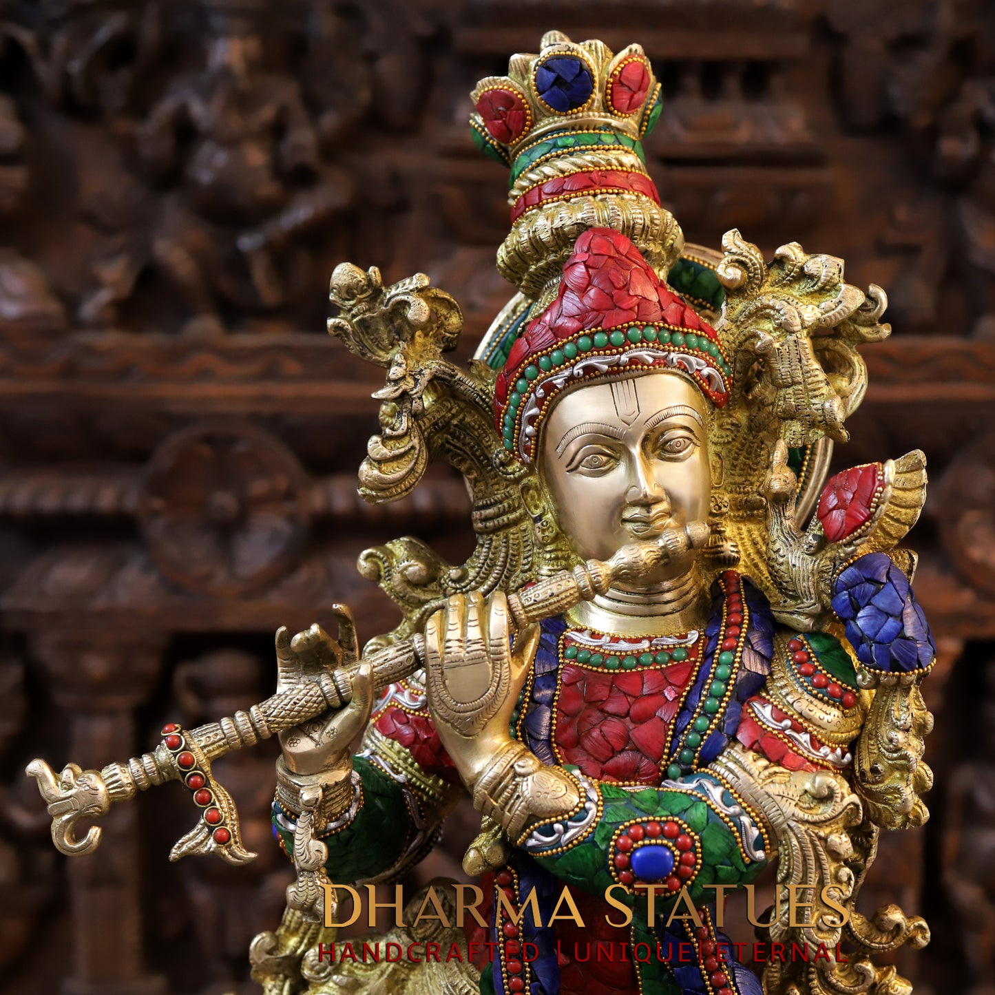 Brass Radha & Krishna Playing Flute, Golden & Stonework, 30"