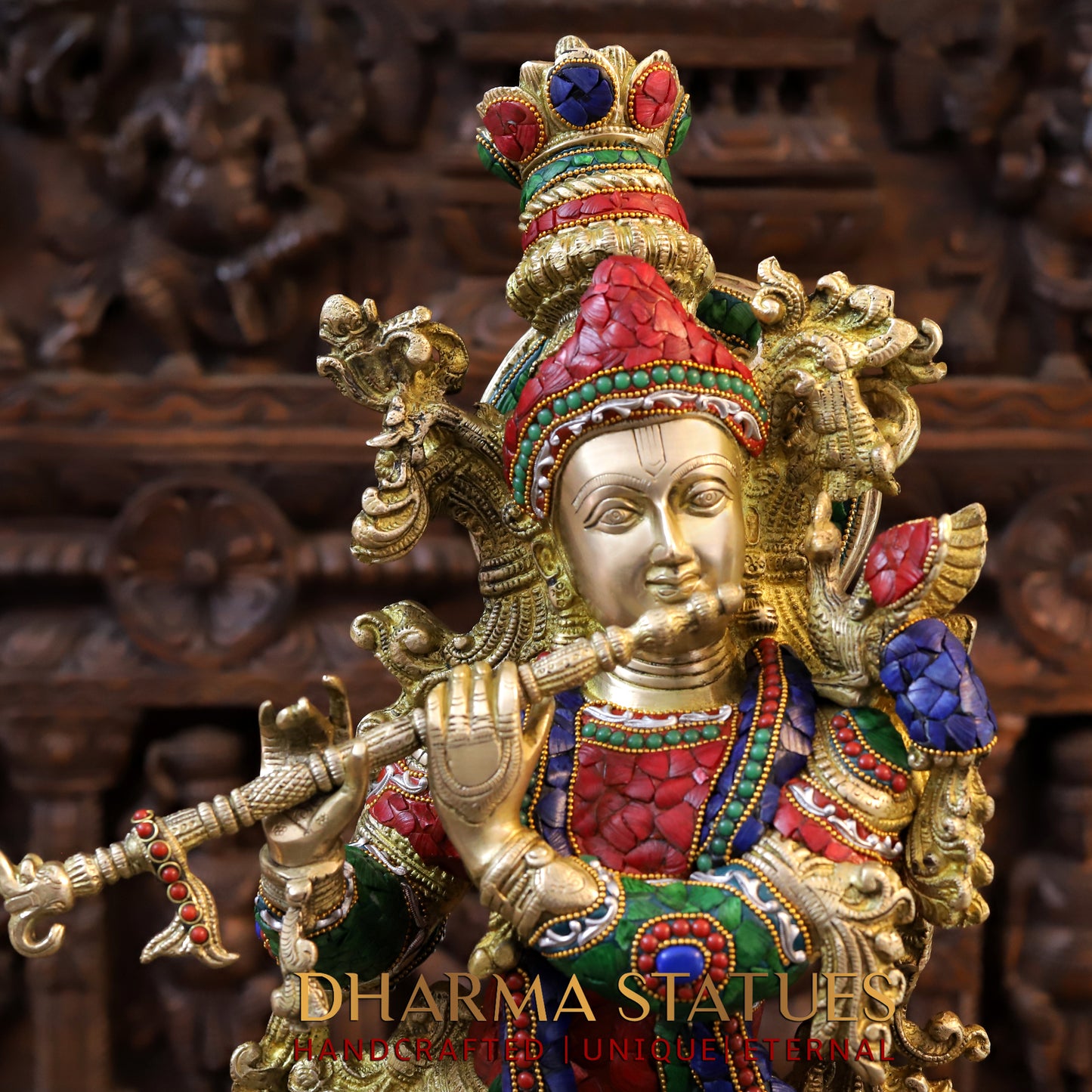Brass Krishna Playing Flute, Stonework & Golden Finish, 30"