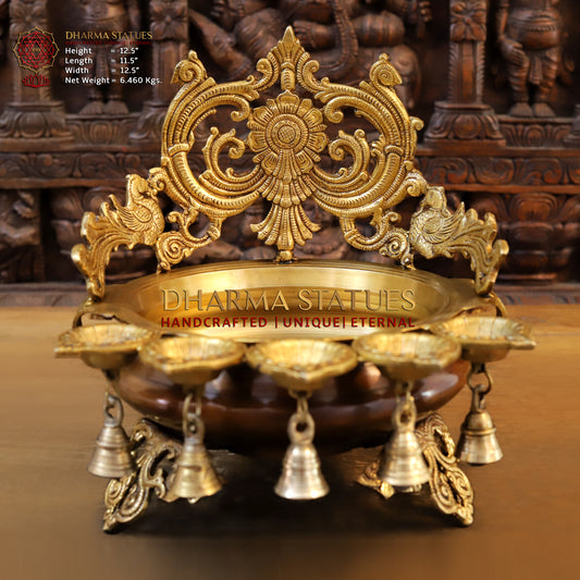 Brass Urli with 5 Diya, Golden Finish, 12.5"