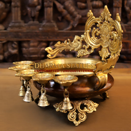 Brass Urli with 5 Diya, Golden Finish, 12.5"