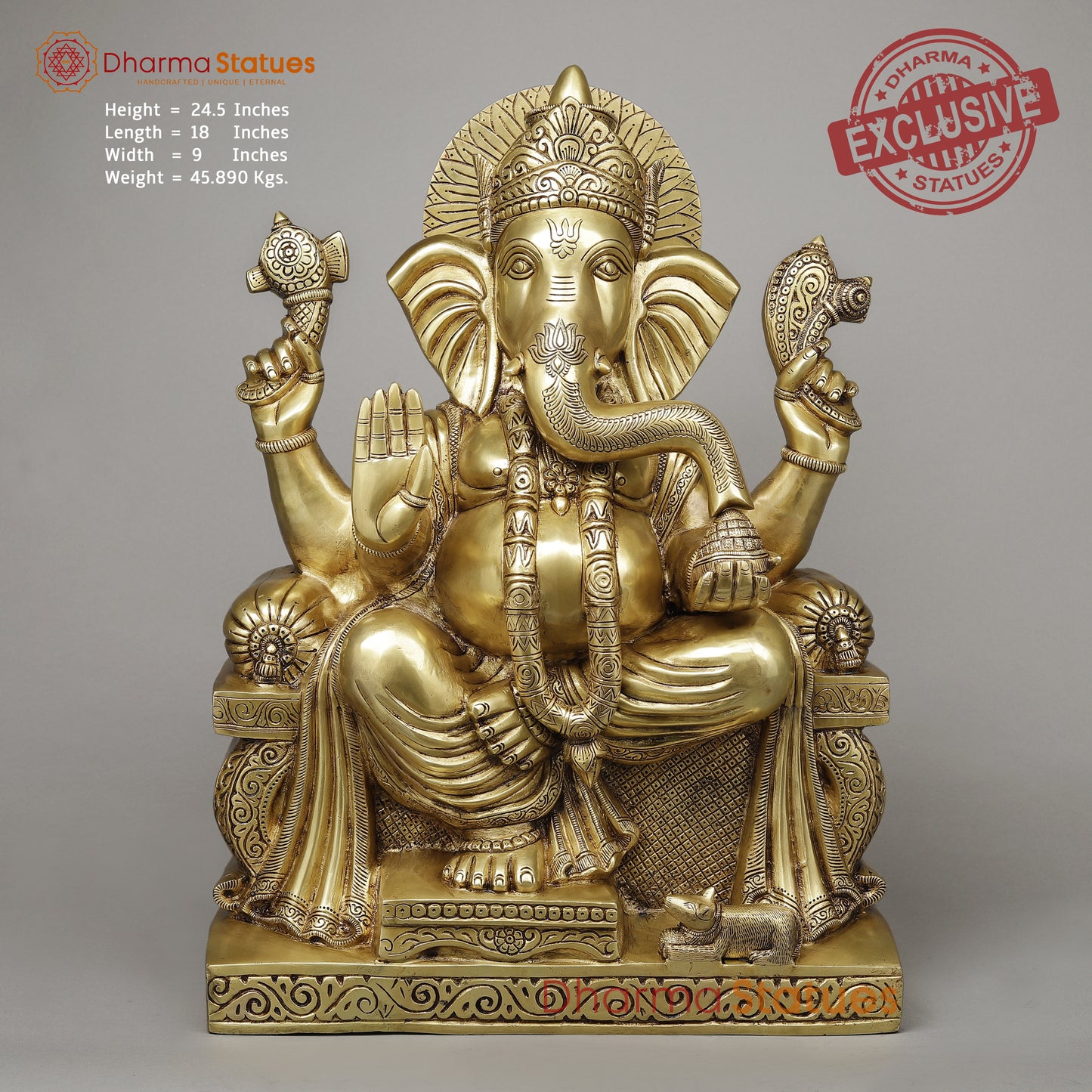 Brass Ganesh seated on Throne (Raja Ganesh), Fine Golden Finish, 24.6"