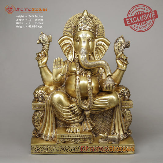 Brass Ganesh seated on Throne (Raja Ganesh), Fine Golden Finish, 24.6"