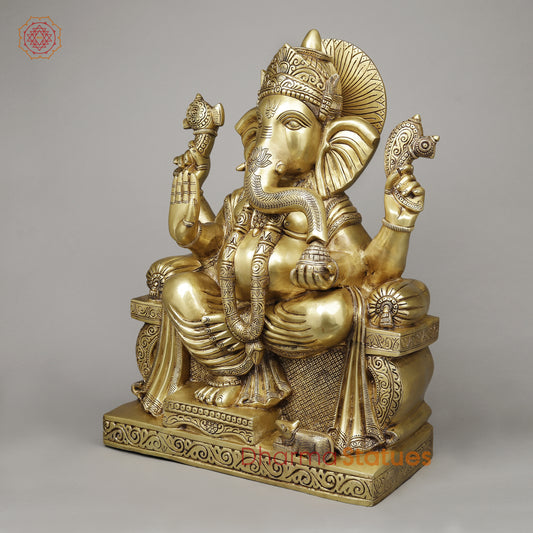 Brass Ganesh seated on Throne (Raja Ganesh), Fine Golden Finish, 24.6"