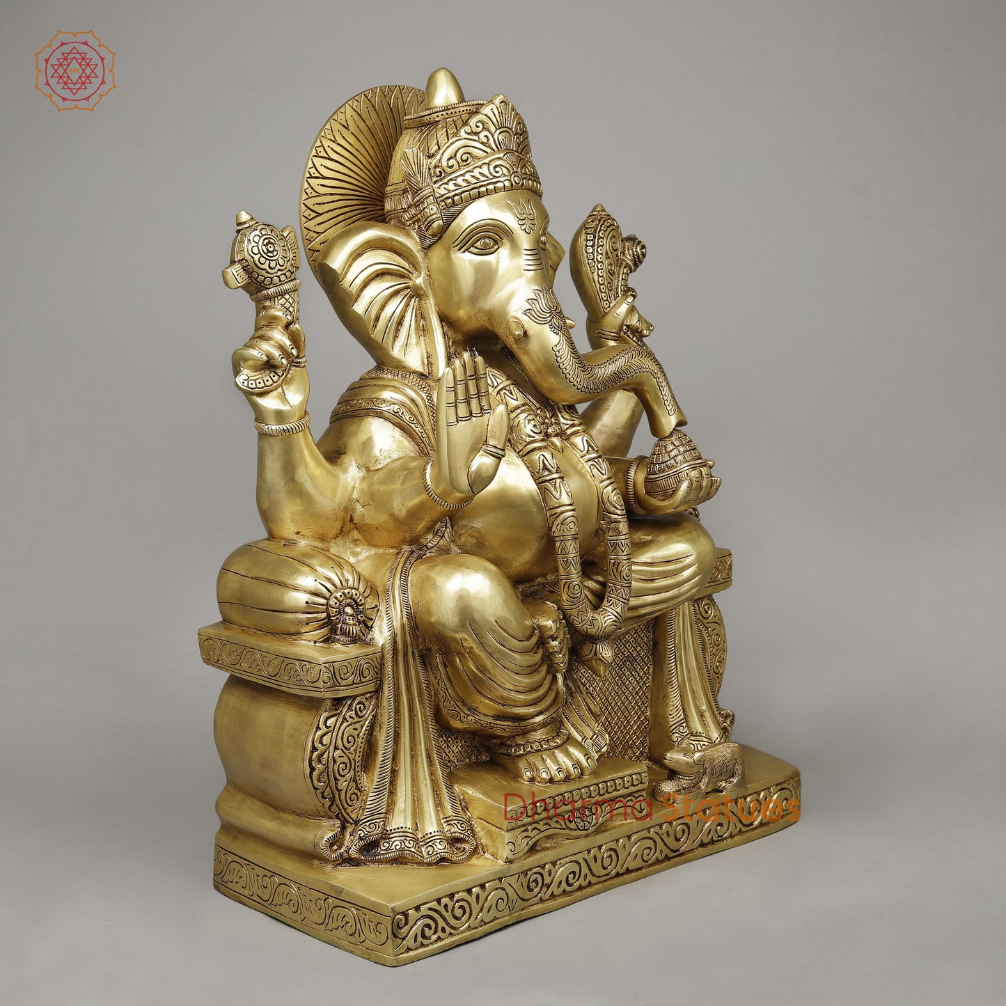 Brass Ganesh seated on Throne (Raja Ganesh), Fine Golden Finish, 24.6"