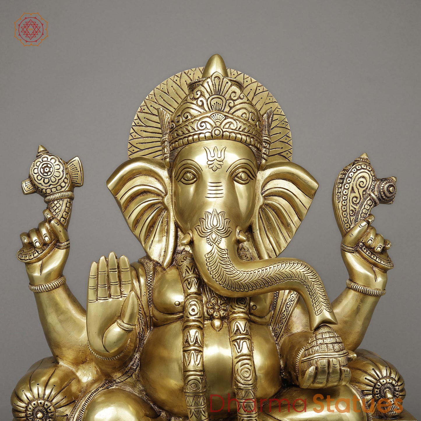 Brass Ganesh seated on Throne (Raja Ganesh), Fine Golden Finish, 24.6"