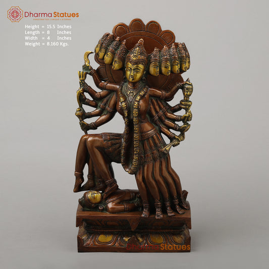 Brass Kali With Ten Heads, Golden & Copper Finish, 15.5"