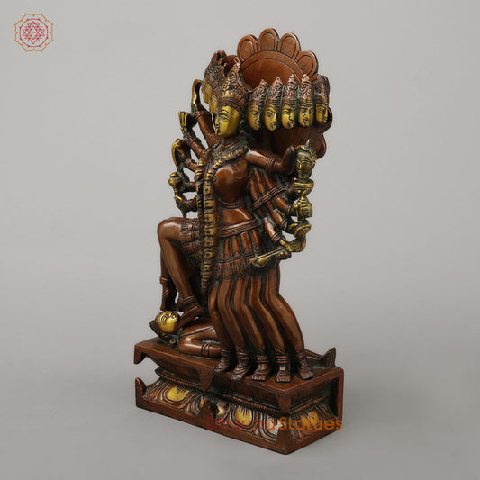 Brass Kali With Ten Heads, Golden & Copper Finish, 15.5"