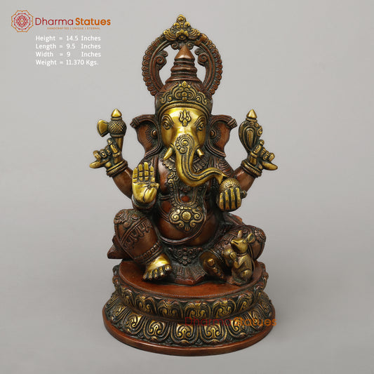 Brass Ganesh Seated on Pedestal in Blessing Posture, Copper & Golden Finish, 14.5"