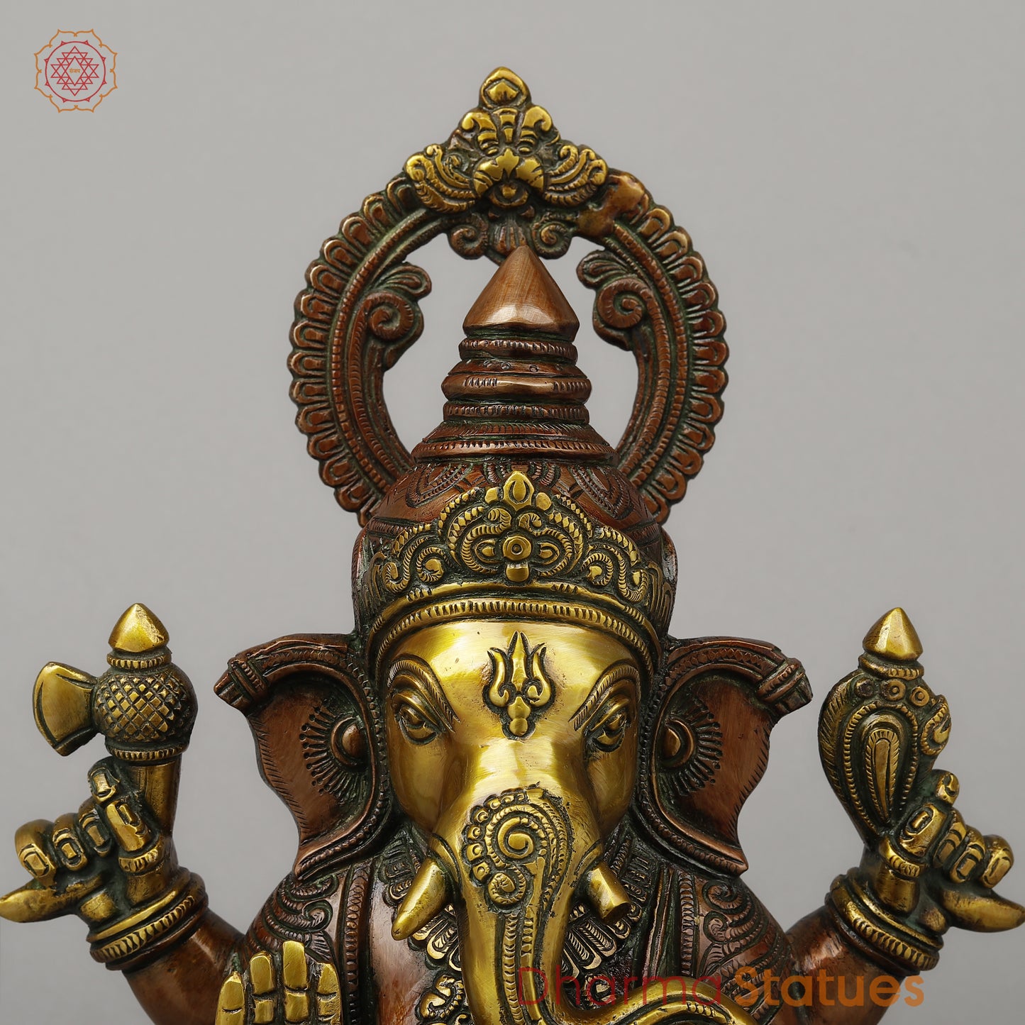 Brass Ganesh Seated on Pedestal in Blessing Posture, Copper & Golden Finish, 14.5"
