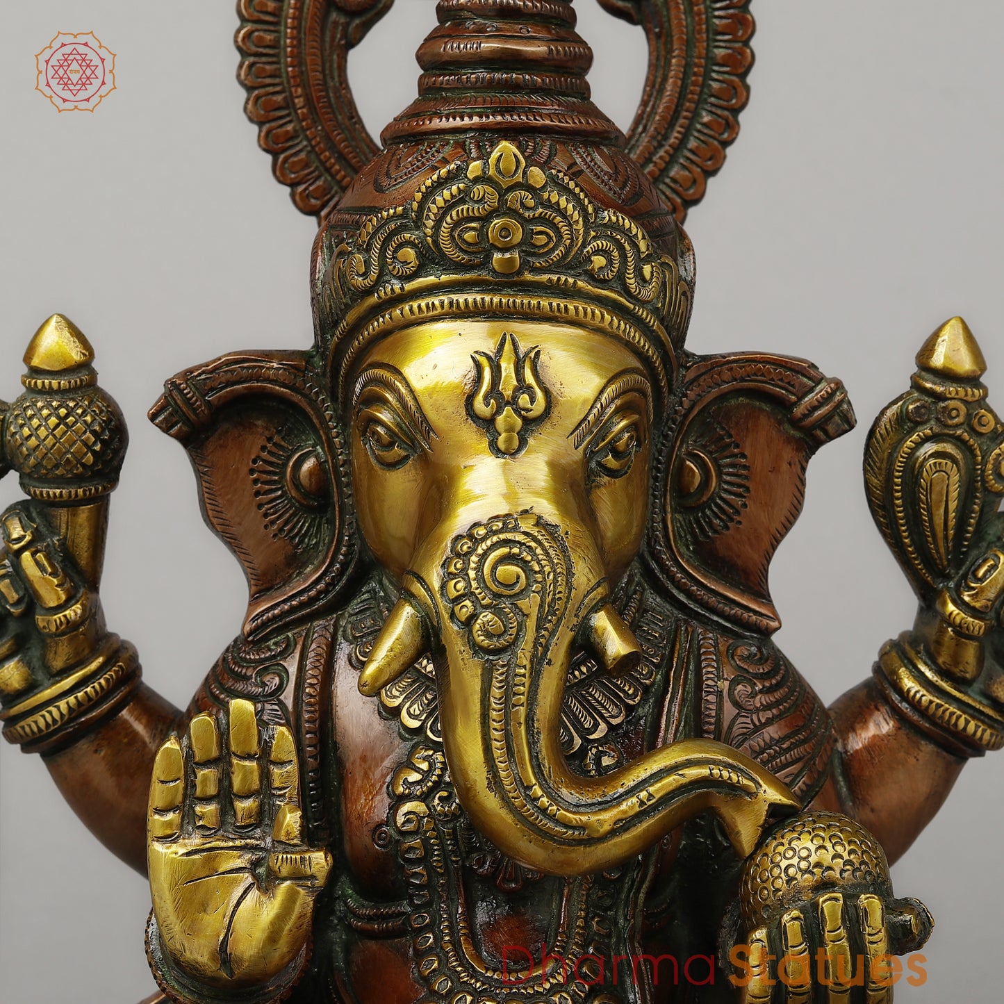 Brass Ganesh Seated on Pedestal in Blessing Posture, Copper & Golden Finish, 14.5"