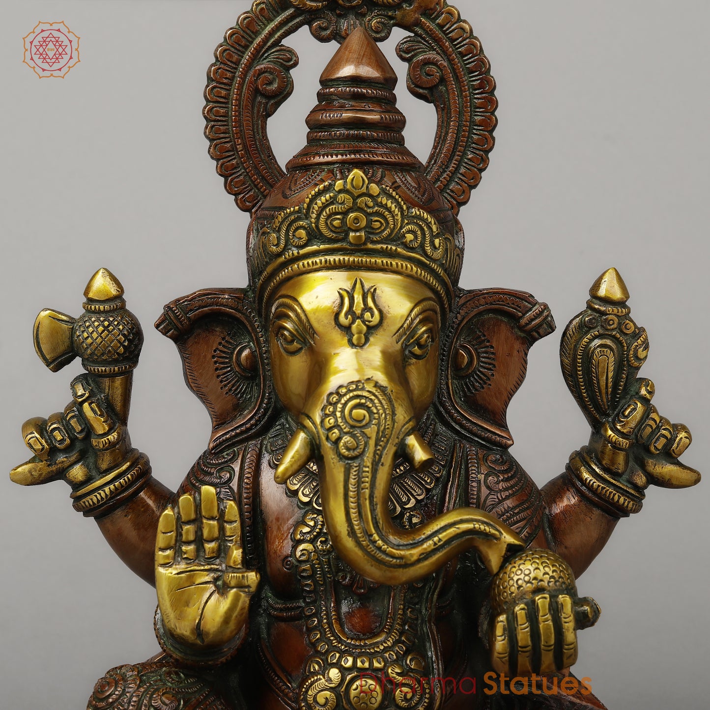 Brass Ganesh Seated on Pedestal in Blessing Posture, Copper & Golden Finish, 14.5"
