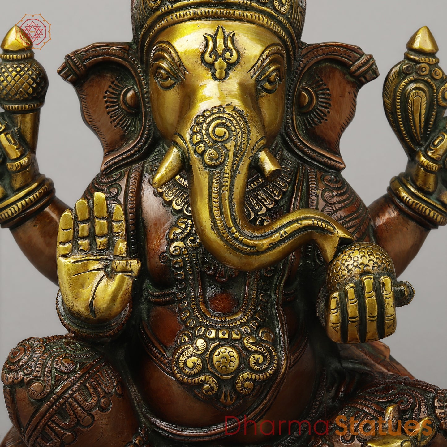 Brass Ganesh Seated on Pedestal in Blessing Posture, Copper & Golden Finish, 14.5"